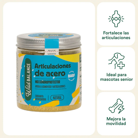 condroprotector natural para perros wild balance
suplemento articulaciones perro senior
articulaciones de acero wild balance
suplemento natural movilidad perro